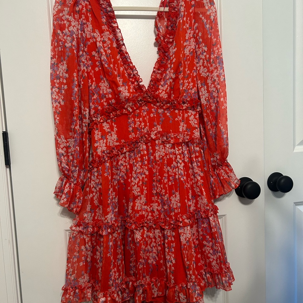 Saint + Secrets Elegant Red Floral Long Sleeve Dress